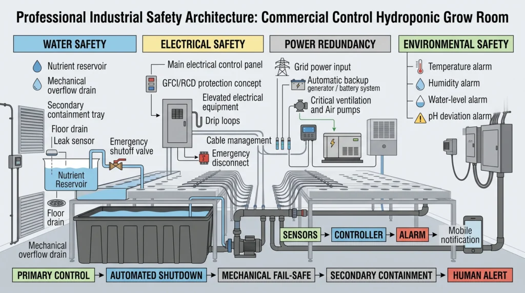 Advanced Grow Room Engineering: Ventilation & Design 14 Hydroponic grow room fail-safe system with overflow drainage, backup power and emergency alerts