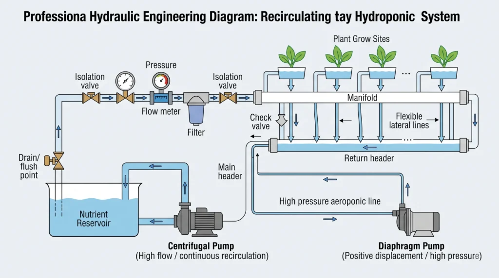 Advanced Grow Room Engineering: Ventilation & Design 8 Hydroponic hydraulic system showing reservoir, circulation pump, manifold, grow sites and return line