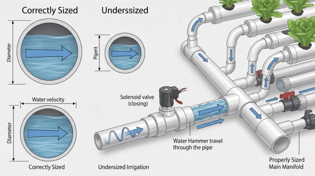 Advanced Hydroponic Systems Engineering and Design 2 Hydroponic irrigation flow dynamics showing pipe diameter velocity and water hammer