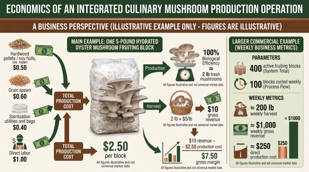 Oyster mushroom production economics showing substrate costs, yield, revenue and gross margin