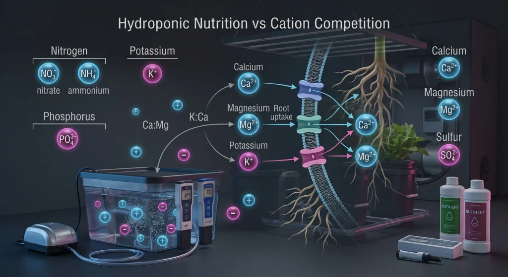 Hydroponic nutrient formulation showing NPK calcium magnesium potassium and cation competition