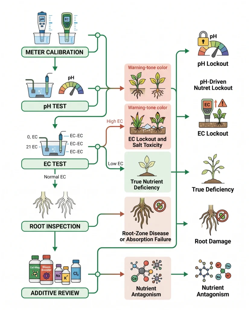 Step-by-step hydroponic diagnostic flowchart using meter calibration pH EC root health and nutrient history to identify lockout or deficiency