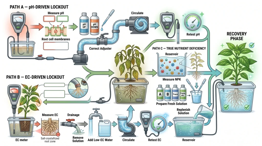 Three-path hydroponic recovery diagram for pH lockout high EC salt toxicity and true nutrient deficiency