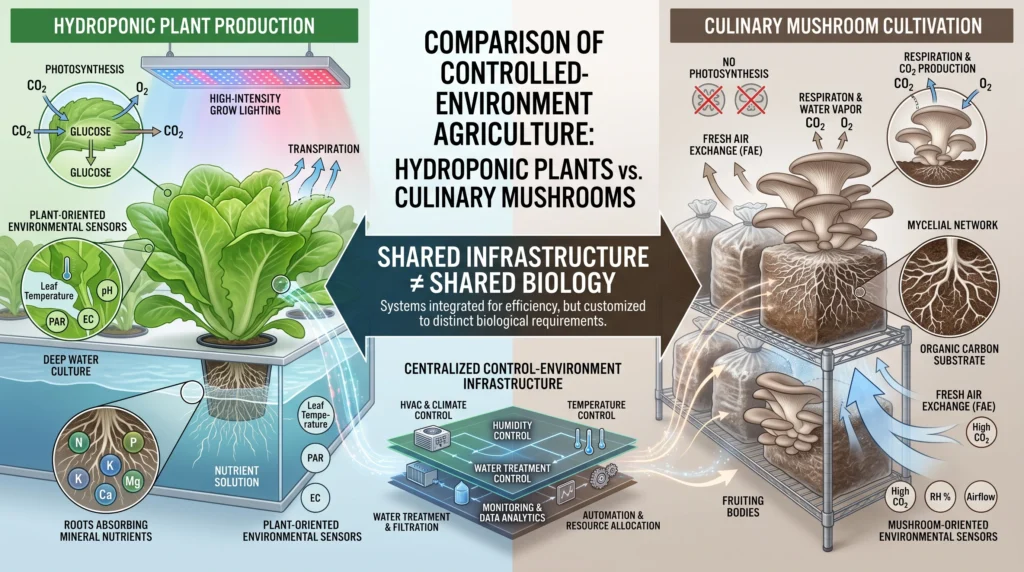 Comparison of environmental requirements for hydroponic plants and culinary mushrooms