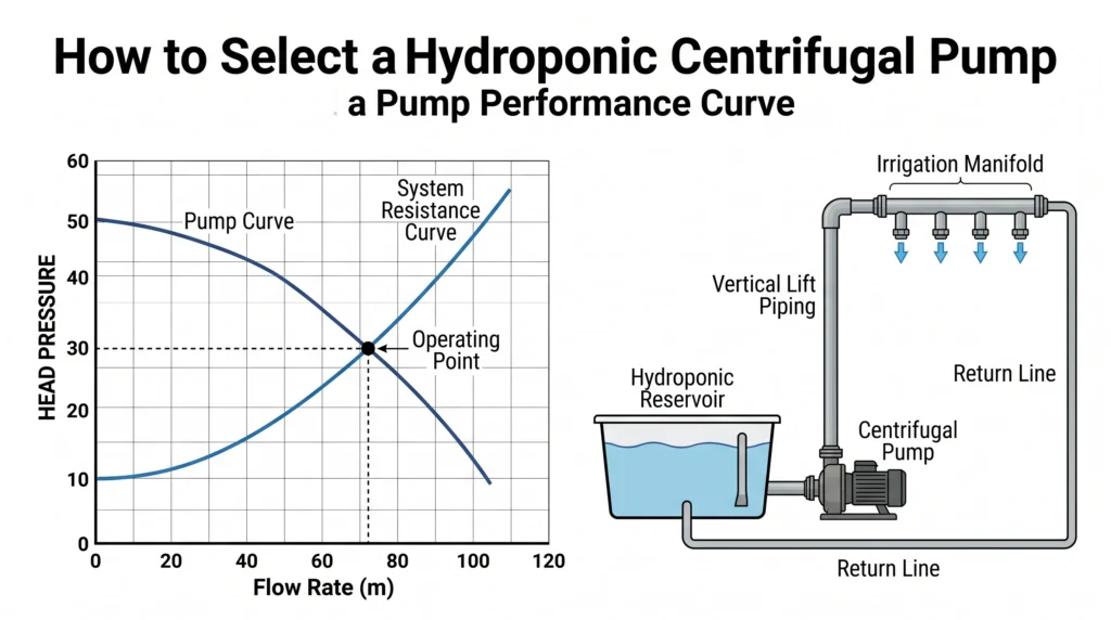Advanced Hydroponic Systems Engineering and Design 4 Hydroponic pump curve showing flow rate head pressure and system operating point