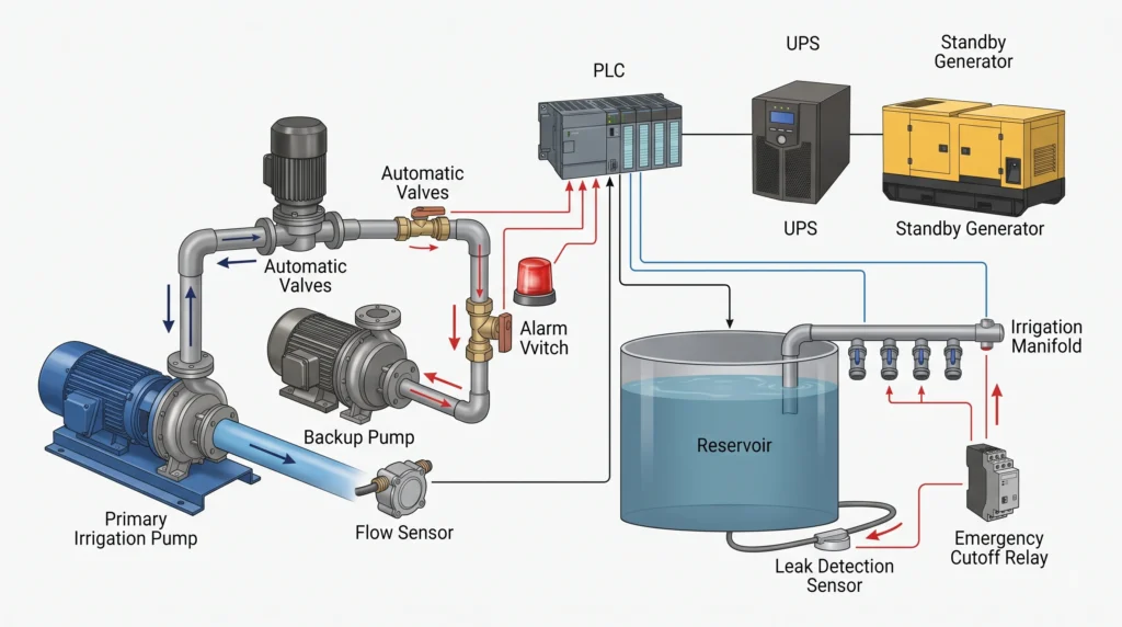 Advanced Hydroponic Systems Engineering and Design 11 Hydroponic pump redundancy system with backup pump flow sensor UPS generator and leak detection