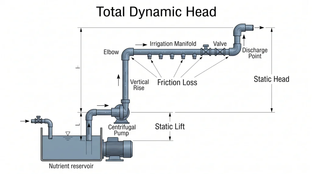 Advanced Hydroponic Systems Engineering and Design 1 Hydroponic pump TDH diagram showing static lift static head and pipe friction loss