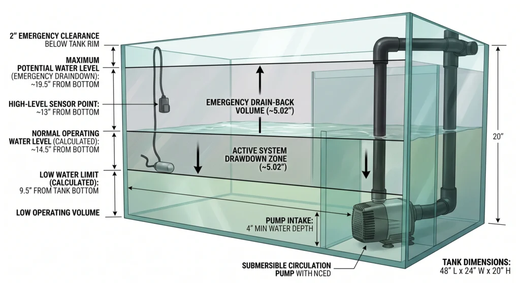 Optical Water Level Sensors vs Float Switches: 7 Hydroponic sump tank showing low and high water level sensor placement