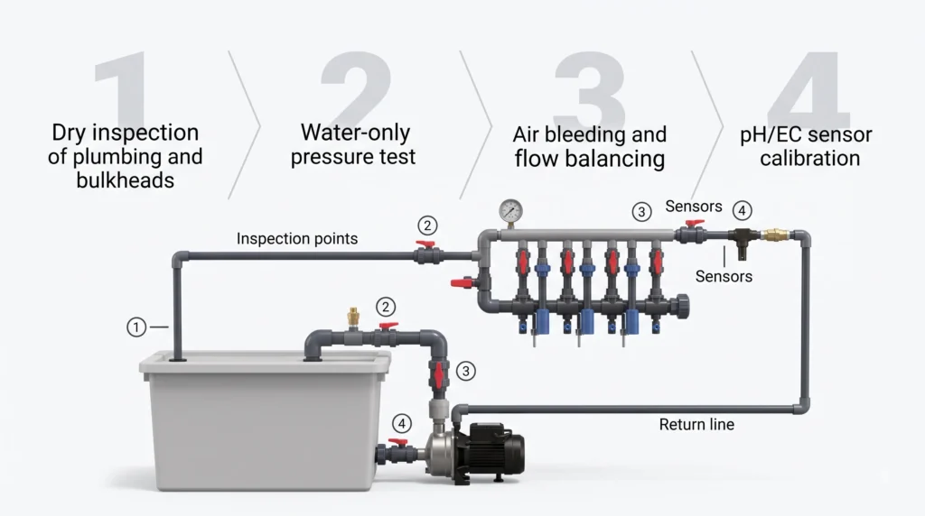 Advanced Hydroponic Systems Engineering and Design 8 Hydroponic system commissioning showing water-only testing sensor calibration and leak inspection