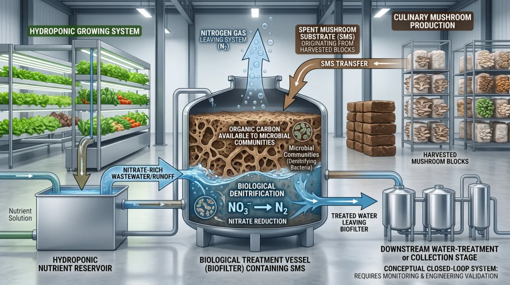 Spent mushroom substrate biofilter treating nitrate-rich hydroponic wastewater