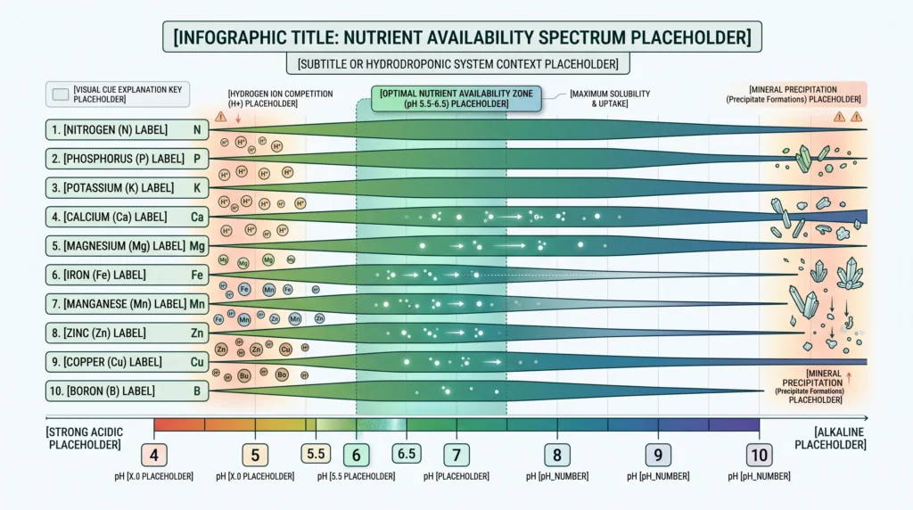 Hydroponic nutrient availability across acidic and alkaline pH levels with optimal nutrient uptake between pH 5.5 and 6.5