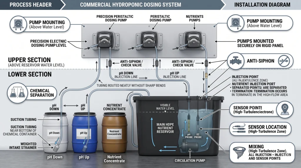 Industrial dosing pump installation with chemical containers, injection lines and reservoir mixing zone
