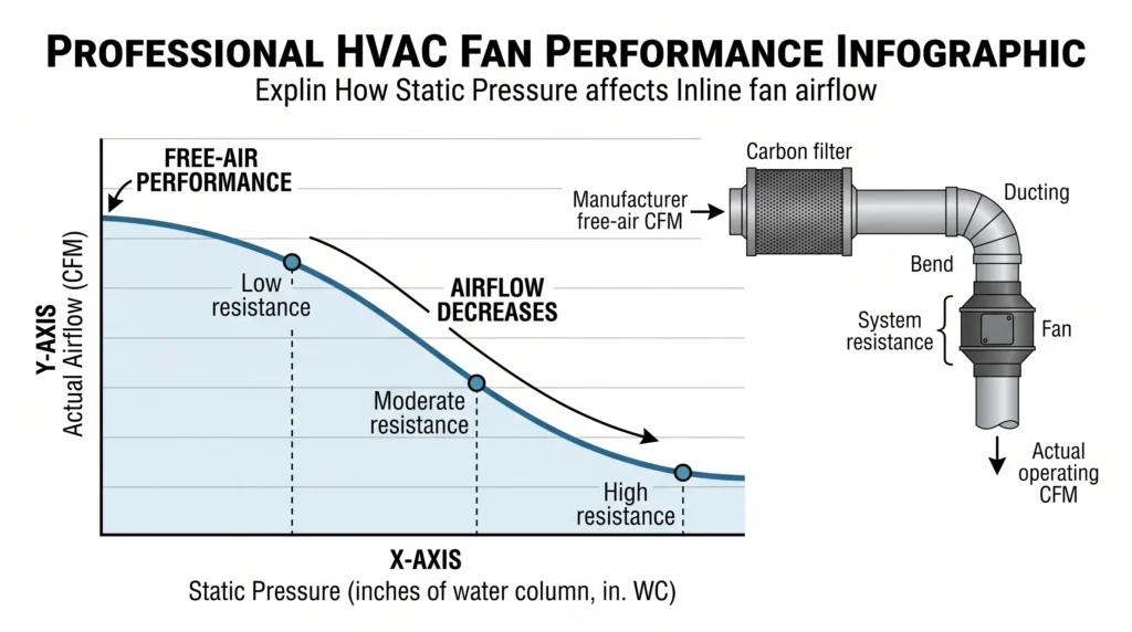 Advanced Grow Room Engineering: Ventilation & Design 3 Inline fan performance curve showing airflow decline as static pressure increases