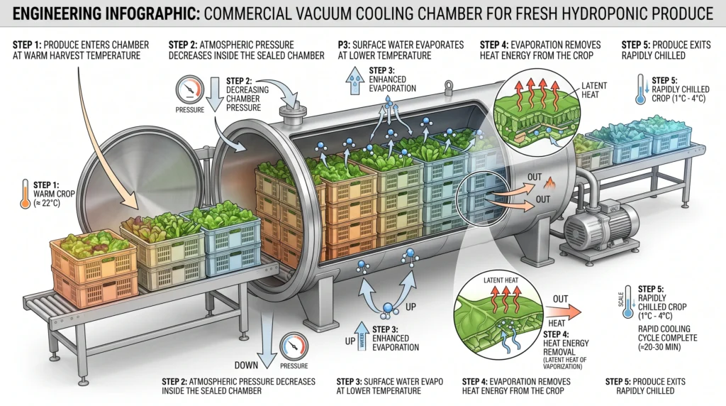 Hydroponic Produce Packaging: Sizing, Container Specs & Shelf-Life 5 Technical cutaway infographic showing vacuum cooling rapidly reducing the temperature of packaged hydroponic greens