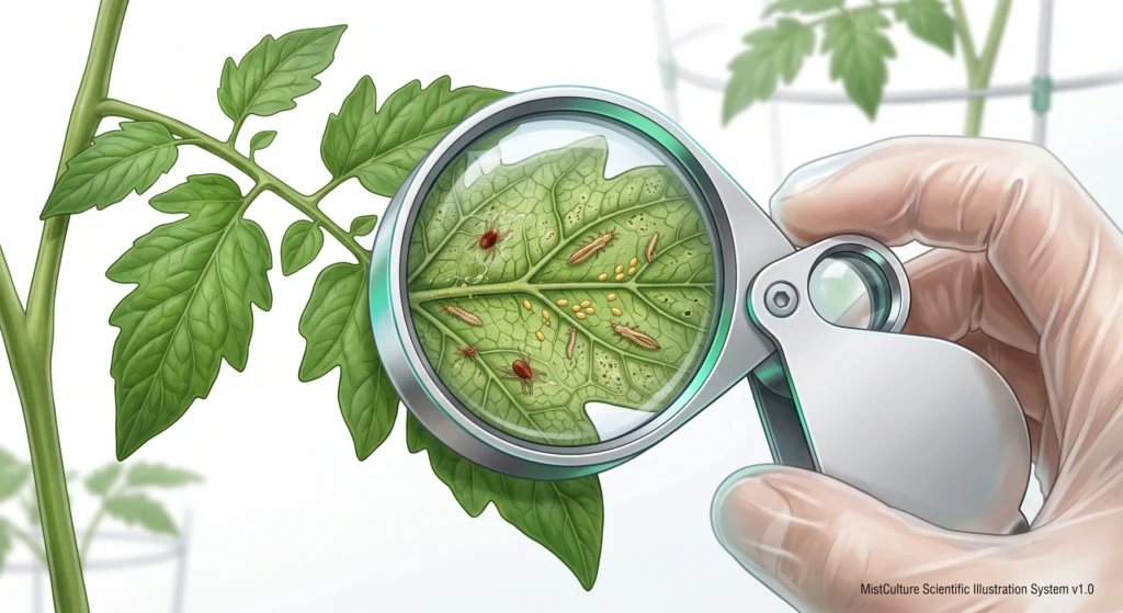 Hydroponic Clone Quarantine: The Ultimate Bio-Security Protocol 4 Close-up scientific illustration of inspecting the underside of hydroponic tomato leaves using a jeweler's loupe for early pest detection.