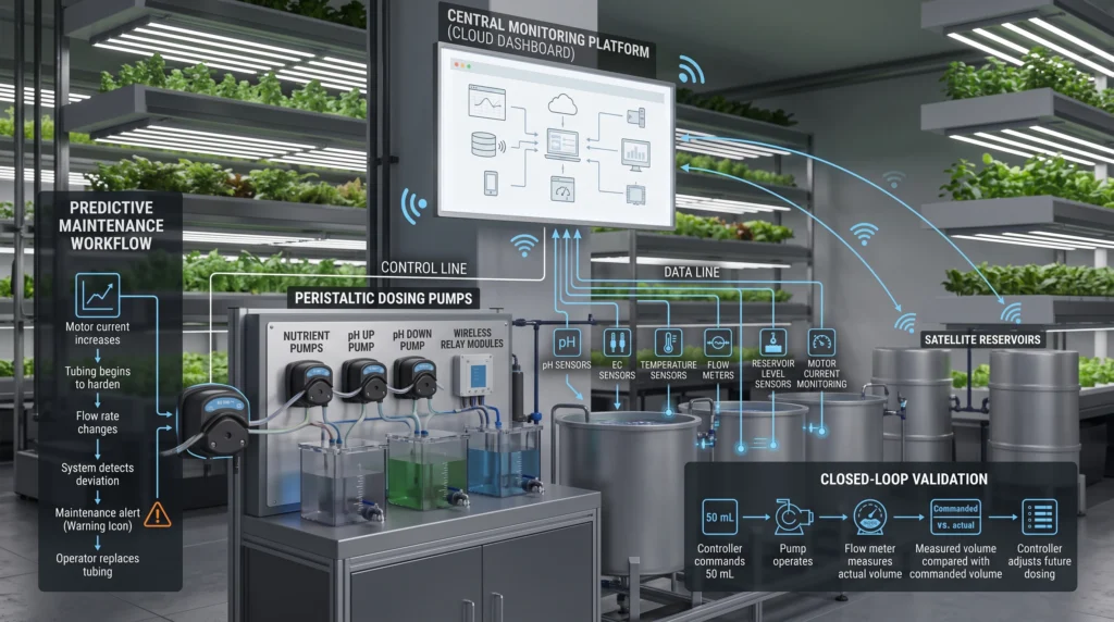 IoT hydroponic dosing architecture with sensors, flow monitoring and predictive maintenance