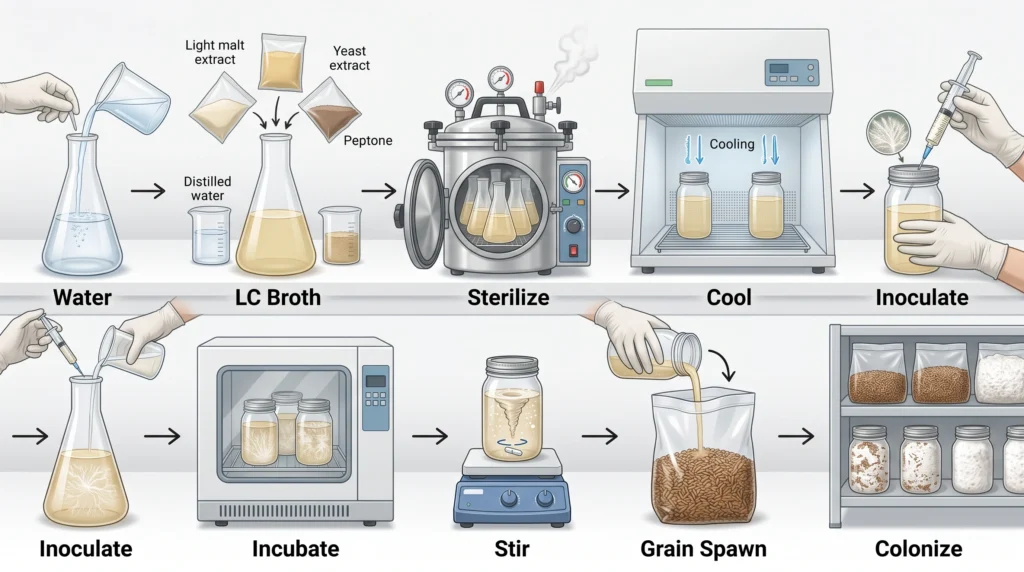 Liquid culture mushroom spawn production workflow from sterile broth to colonized grain
