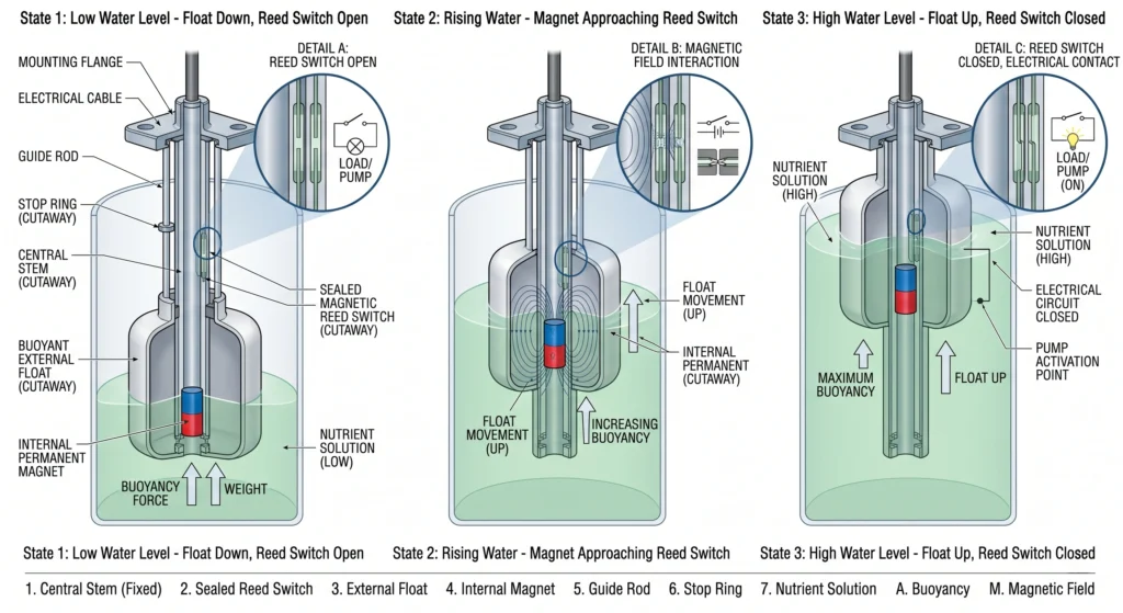 Optical Water Level Sensors vs Float Switches: 1 Mechanical float switch showing buoyancy and magnetic reed switch operation