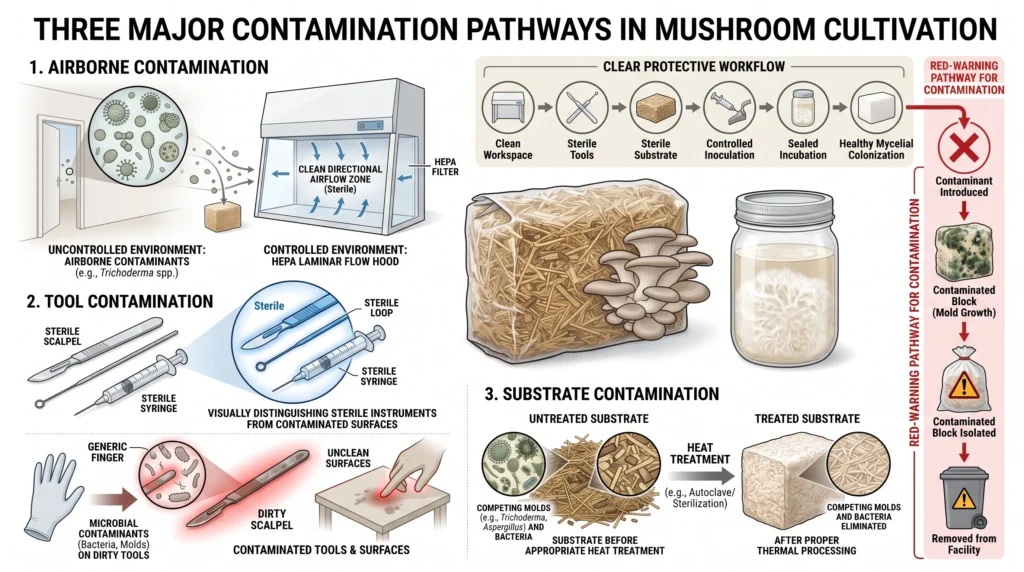 Mushroom cultivation contamination control showing sterile air, tools and substrate