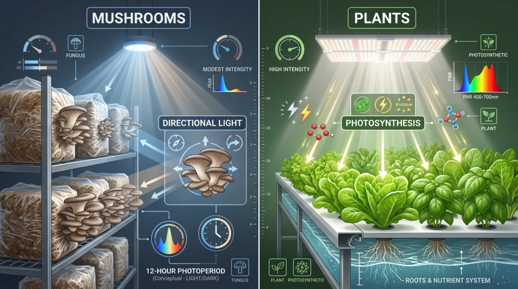 Comparison of low-intensity mushroom lighting and high-intensity hydroponic grow lighting