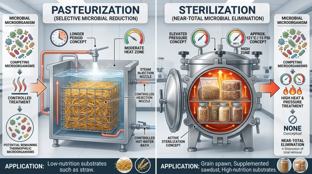 Mushroom substrate pasteurization versus sterilization process comparison