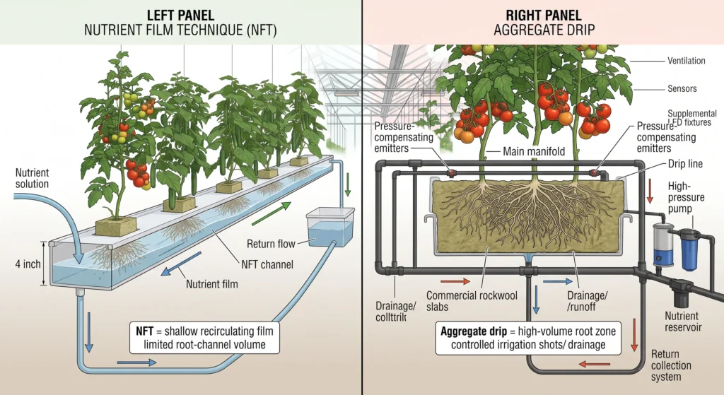 NFT versus aggregate drip irrigation system for hydroponic greenhouse production