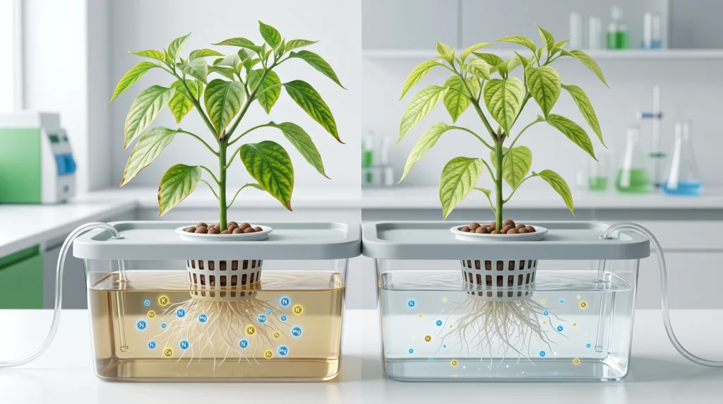 Side-by-side hydroponic plants showing identical nutrient deficiency symptoms caused by nutrient lockout and true nutrient deficiency