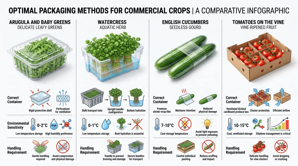 Hydroponic Produce Packaging: Sizing, Container Specs & Shelf-Life 7 Packaging comparison infographic showing optimal containers for arugula, watercress, cucumbers and tomatoes on the vine
