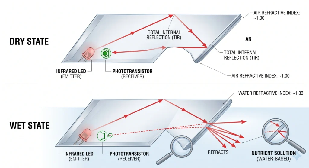 Optical Water Level Sensors vs Float Switches: 3 Optical water level sensor detecting liquid through infrared refraction
