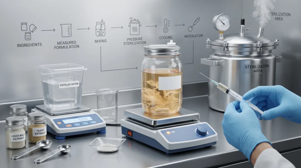 Sterile preparation of oyster mushroom liquid culture broth in a laboratory environment