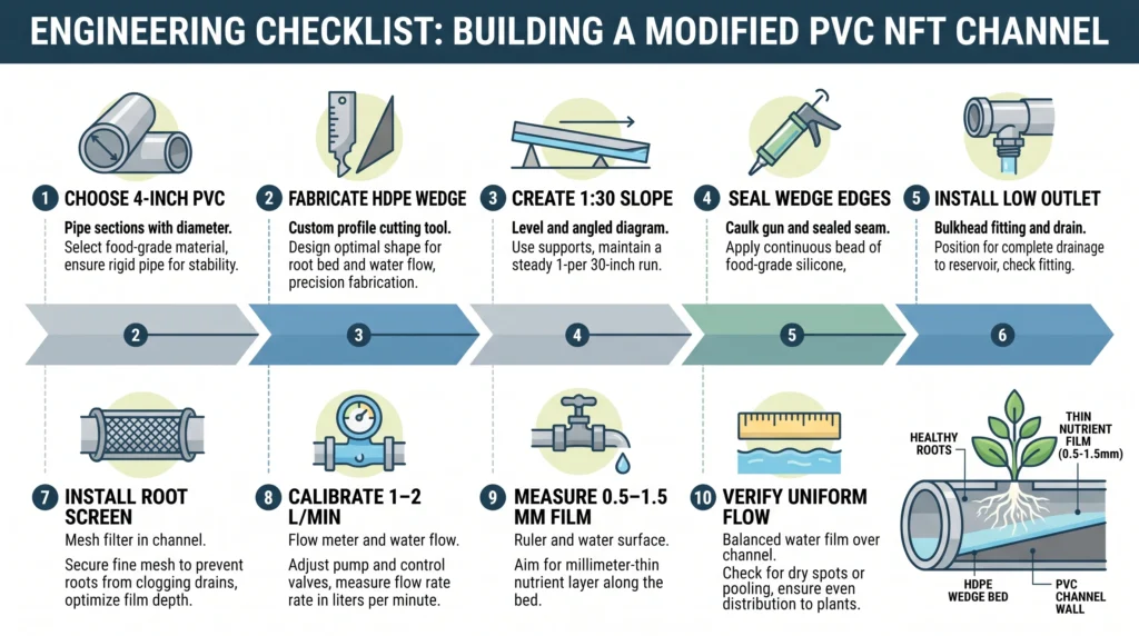 PVC NFT crown wedge checklist covering geometry, slope, outlet, sealing, flow, and film depth