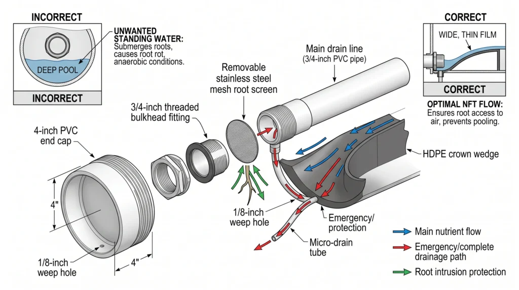 Detailed PVC NFT outlet showing bulkhead fitting, weep hole, root screen, and drainage path
