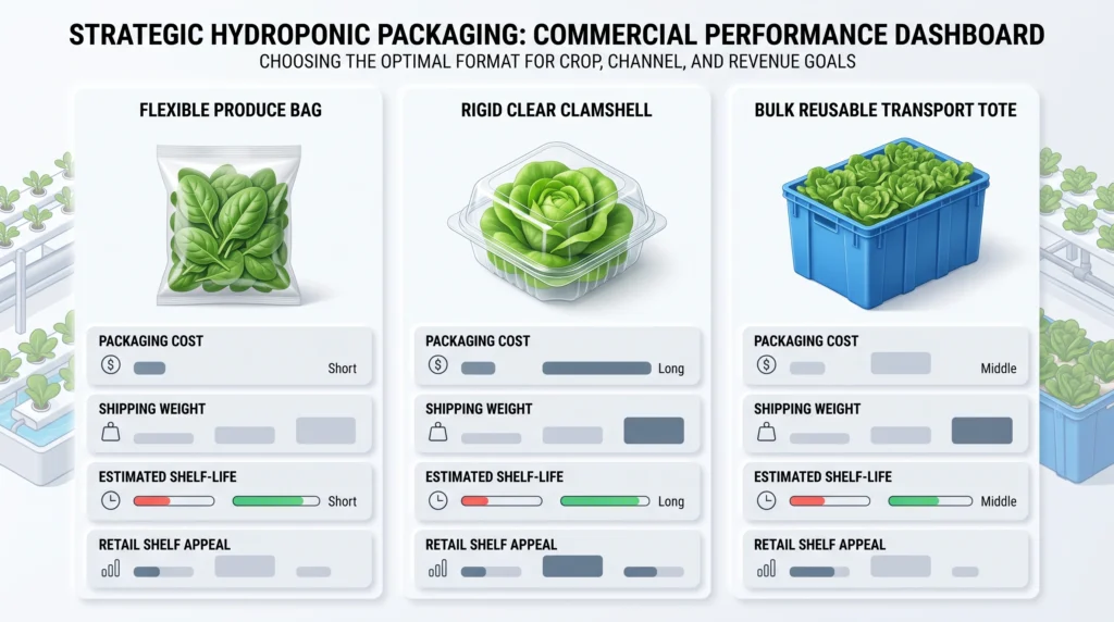 Hydroponic Produce Packaging: Sizing, Container Specs & Shelf-Life 6 Dashboard-style infographic comparing hydroponic produce packaging cost, container weight, shelf life and retail appeal