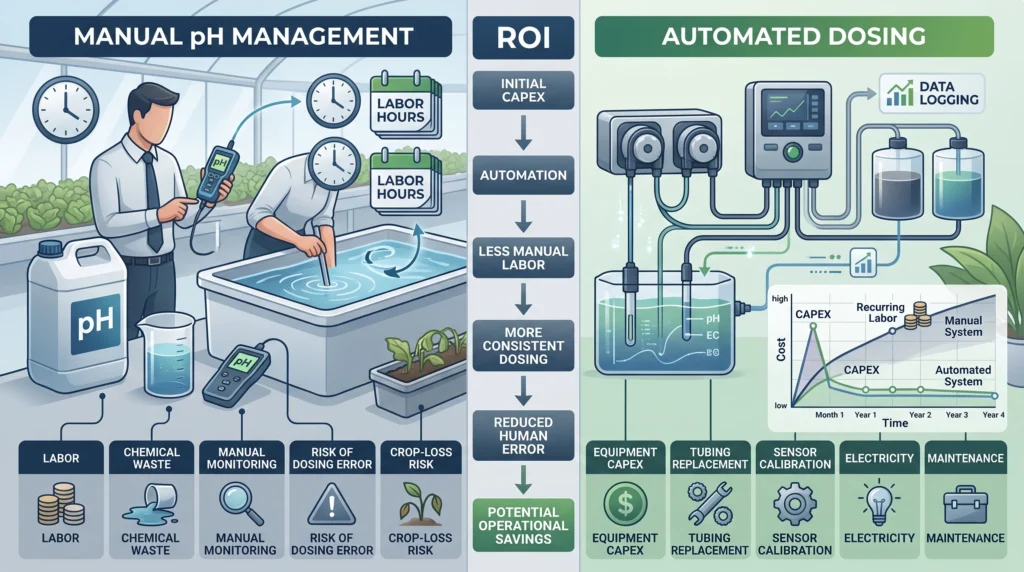 Peristaltic dosing automation ROI comparing equipment costs, labor savings and maintenance