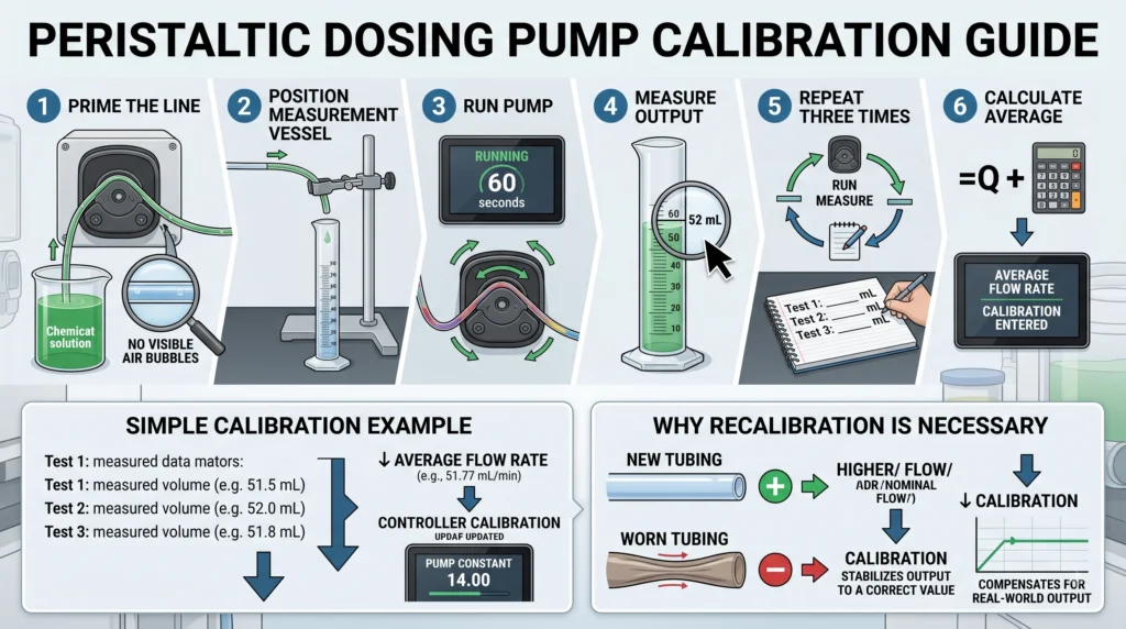 Peristaltic dosing pump calibration using timed volumetric measurement