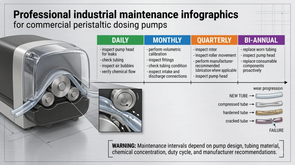 Peristaltic dosing pump tubing inspection, calibration and maintenance schedule