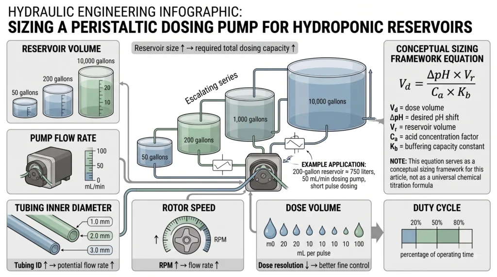 Peristaltic dosing pump sizing based on reservoir volume, tubing diameter and flow rate