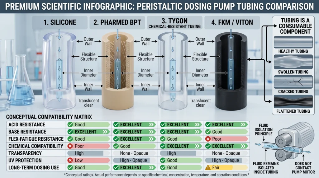 Chemical-resistant peristaltic pump tubing materials for hydroponic pH dosing