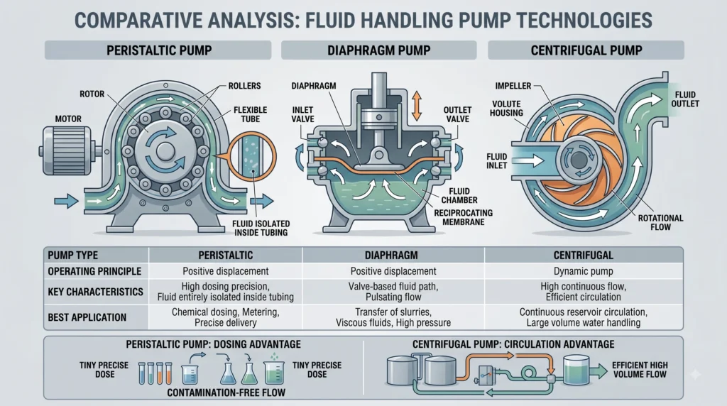Comparison of peristaltic, centrifugal and diaphragm pump mechanisms for fluid delivery