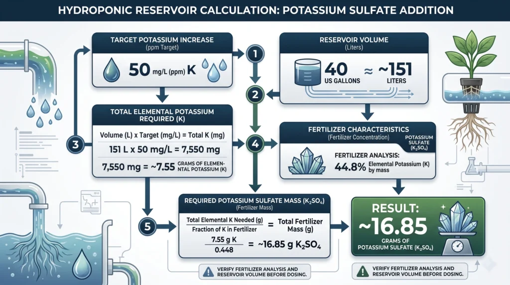 Hydroponic Ginger and Turmeric: Shallow Tray DWC Techniques 6 Hydroponic potassium sulfate dosing calculation showing potassium target, reservoir volume, elemental potassium percentage, and required fertilizer mass
