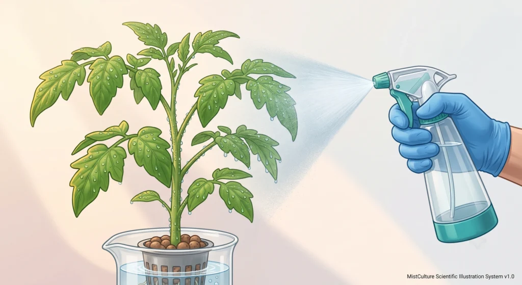 Hydroponic Clone Quarantine: The Ultimate Bio-Security Protocol 6 Scientific illustration of a hydroponic tomato clone receiving a preventive foliar spray before lights-off.