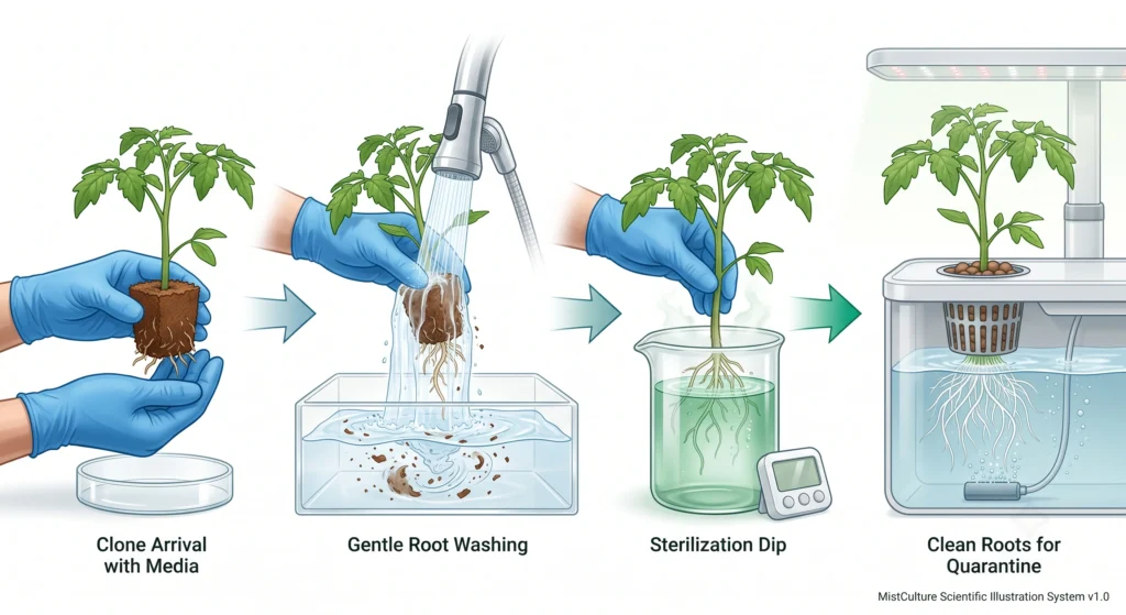 Hydroponic Clone Quarantine: The Ultimate Bio-Security Protocol 5 Illustration showing hydroponic tomato roots being rinsed and disinfected before quarantine.