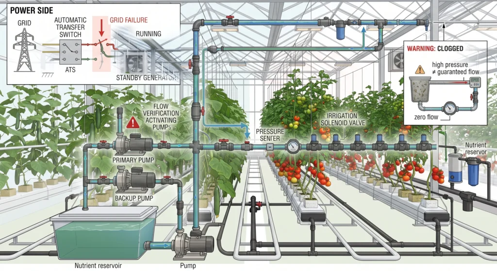 Redundant hydroponic irrigation system with parallel pumps standby generator flow meter and backup power