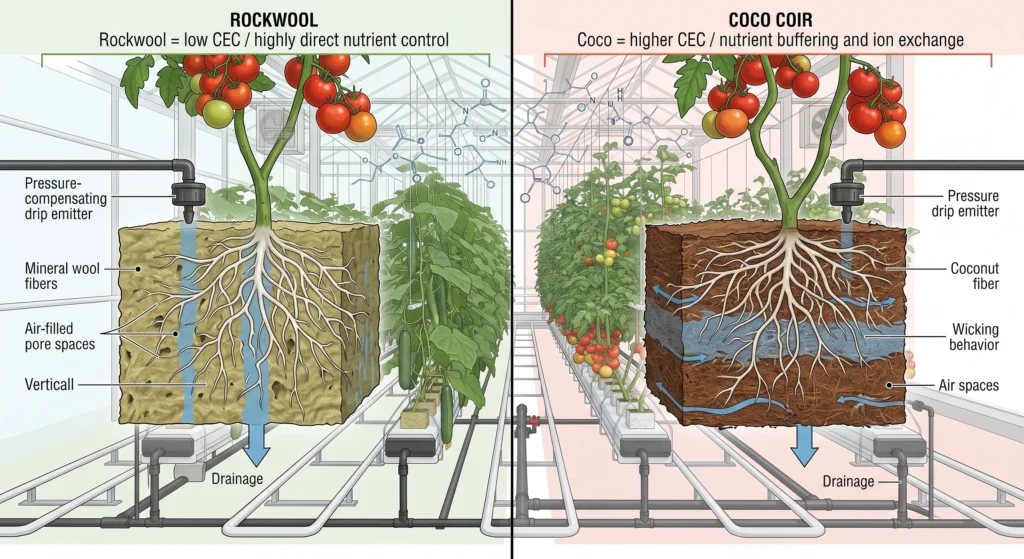 Rockwool and coco coir comparison for hydroponic greenhouse root zone management