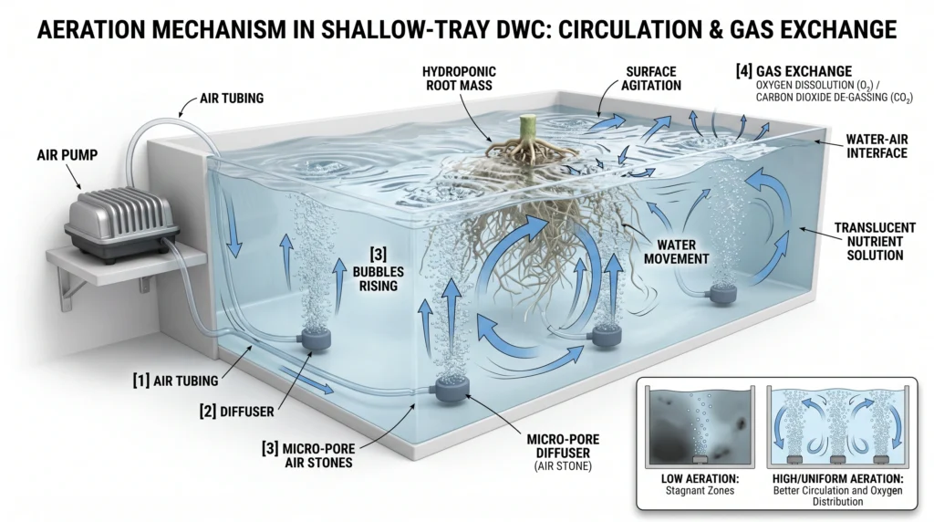 Hydroponic Ginger and Turmeric: Shallow Tray DWC Techniques 9 Shallow tray DWC aeration showing air stones, oxygen bubbles, surface agitation, and root-zone gas exchange