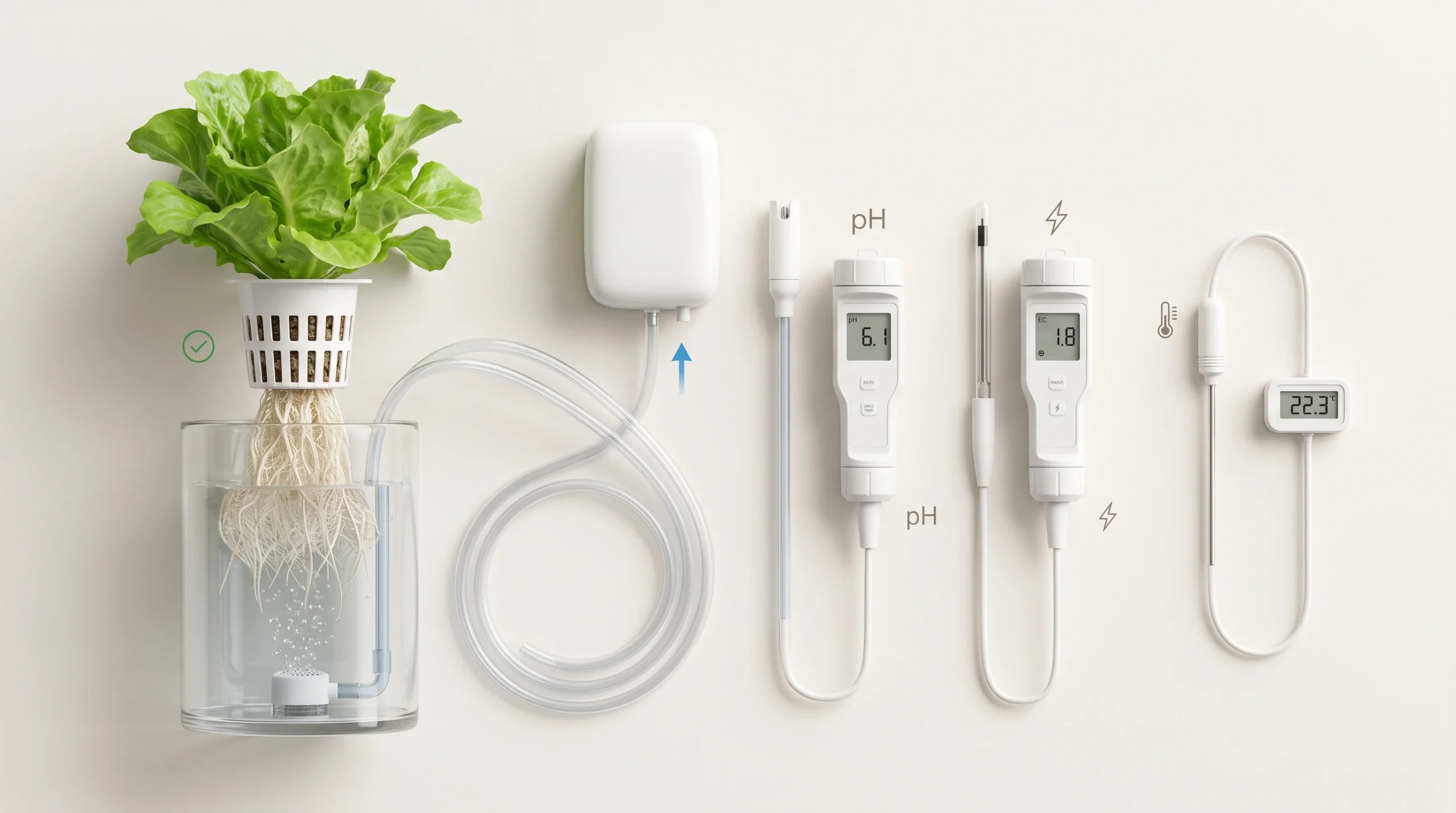 Clean scientific overview showing daily checks for water level, pH, EC, pumps, roots and plant health