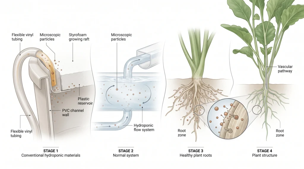Scientific infographic showing microscopic particles moving from degrading plastic hydroponic components into nutrient water, plant roots and edible leaves