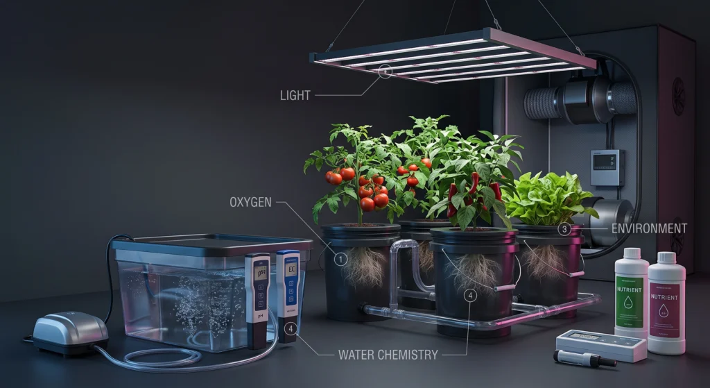 Reliable hydroponic system with LED grow light DWC aeration pH EC monitoring and nutrient control
