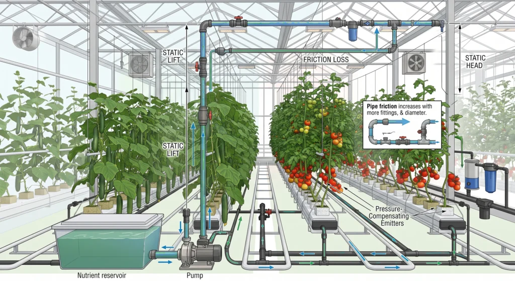 Total dynamic head diagram showing static lift static head and friction loss in hydroponic irrigation