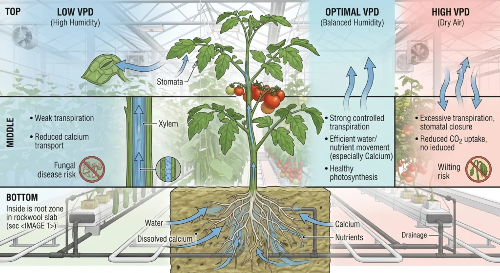 VPD transpiration diagram showing water movement from hydroponic roots through plant leaves